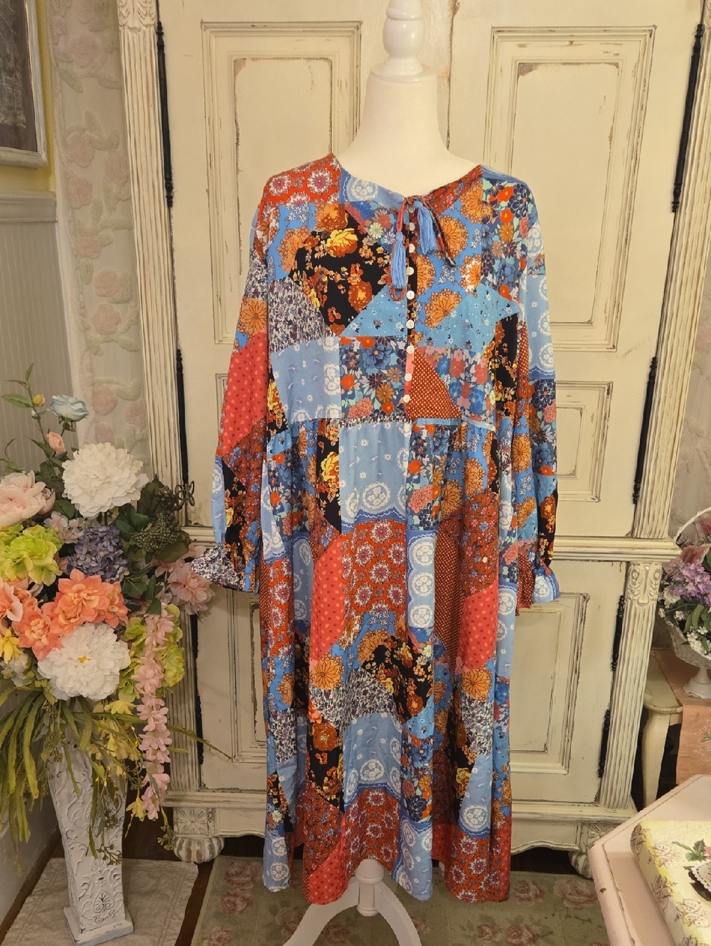 Boho Patchwork Midi Dress in Blue & Red